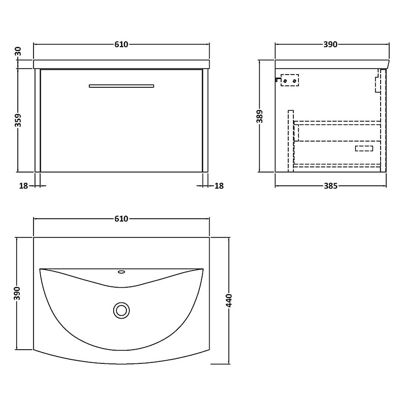 Hudson Reed Juno Wall Hung Single Drawer 600mm Vanity & Curved 1 Tap Hole Vitreous China Basin (1 size, 5 colours) - Brand New Bathrooms