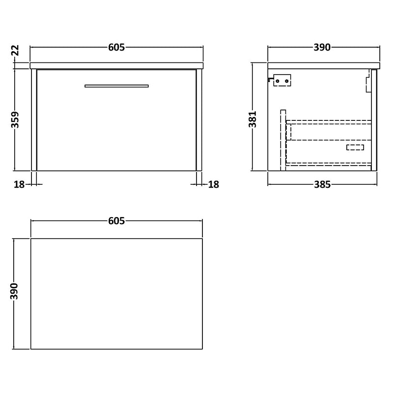 Hudson Reed Juno Wall Hung Single Drawer 600mm Vanity & Laminate Top (1 size, 3 colours) - Brand New Bathrooms