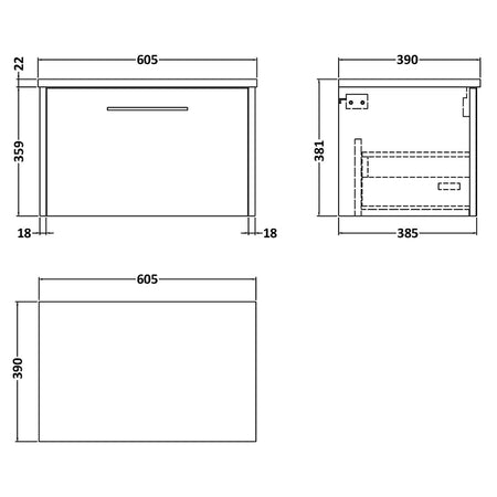 Hudson Reed Juno Wall Hung Single Drawer 600mm Vanity & Laminate Worktop (1 size, 5 colours) - Brand New Bathrooms