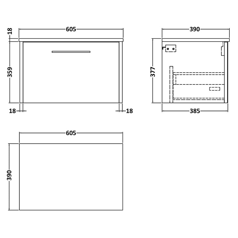 Hudson Reed Juno Wall Hung Single Drawer 600mm Vanity & Worktop (1 size, 5 colours) - Brand New Bathrooms