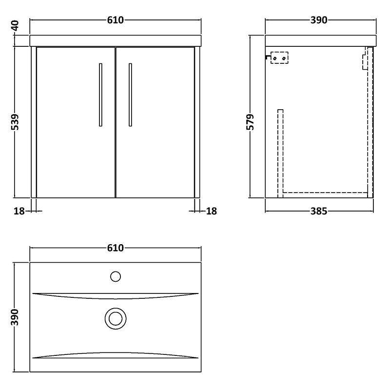Hudson Reed Juno Wall Hung Double Door 600mm Vanity & Mid-Edge 1 Tap Hole Vitreous China Basin (1 size, 5 colours) - Brand New Bathrooms