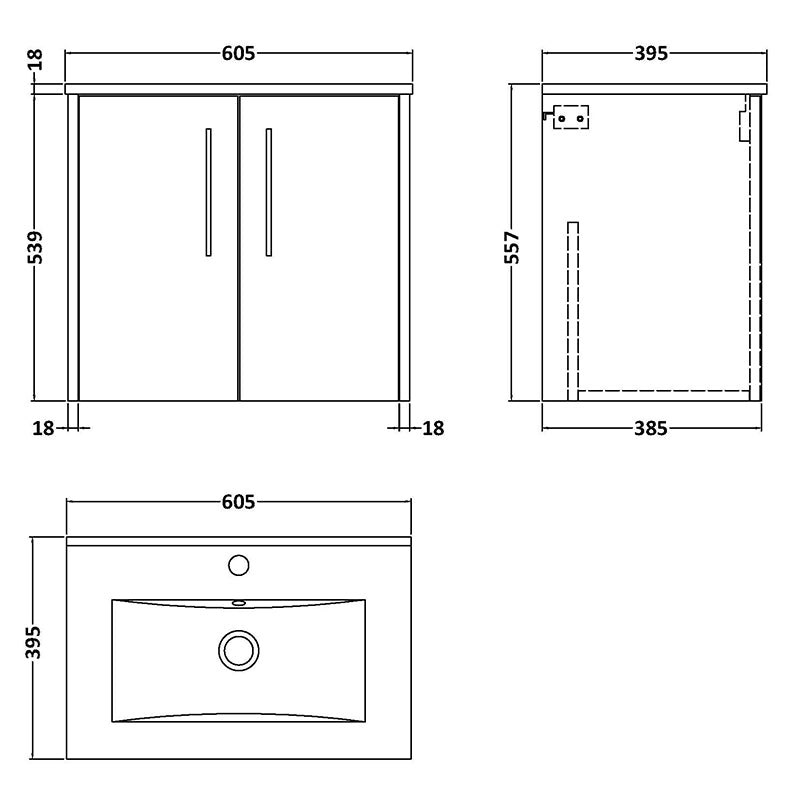 Hudson Reed Juno Wall Hung Double Door 600mm Vanity & Minimalist 1 Tap Hole Vitreous China Basin (1 size, 5 colours) - Brand New Bathrooms