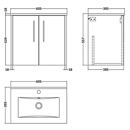 Hudson Reed Juno Wall Hung Double Door 600mm Vanity & Minimalist 1 Tap Hole Vitreous China Basin (1 size, 5 colours) - Brand New Bathrooms