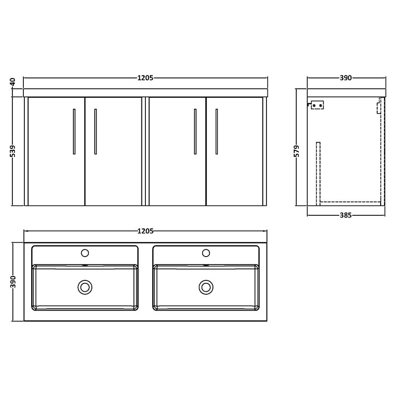 Hudson Reed Juno Wall Hung Four Door 1200mm Vanity & Double Polymarble Basin (1 size, 5 colours) - Brand New Bathrooms