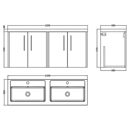 Hudson Reed Juno Wall Hung Four Door 1200mm Vanity & Double Polymarble Basin (1 size, 5 colours) - Brand New Bathrooms