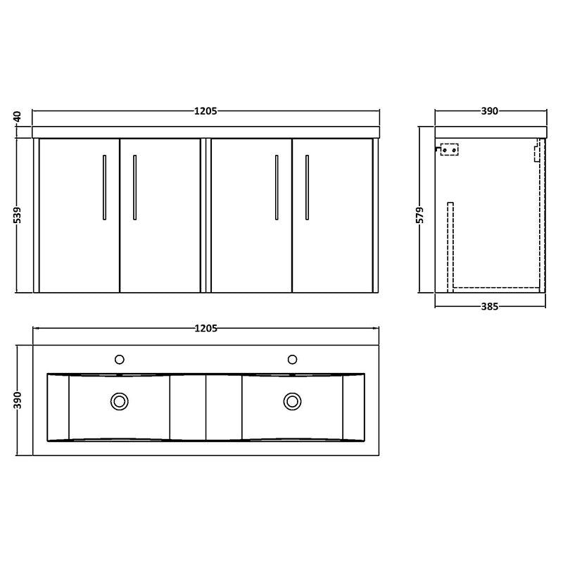 Hudson Reed Juno Wall Hung Four Door 1200mm Vanity & Double Vitreous China Basin (1 size, 5 colours) - Brand New Bathrooms