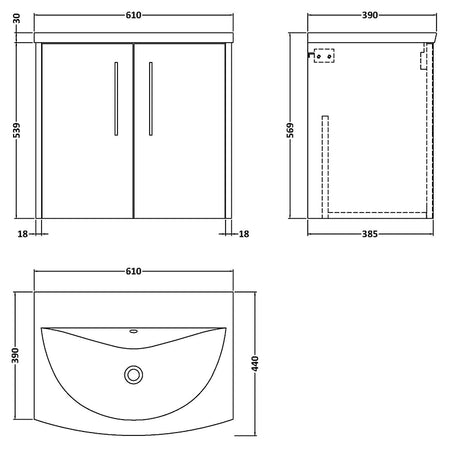 Hudson Reed Juno Wall Hung Double Door 600mm Vanity & Curved 1 Tap Hole Vitreous China Basin (1 size, 5 colours) - Brand New Bathrooms