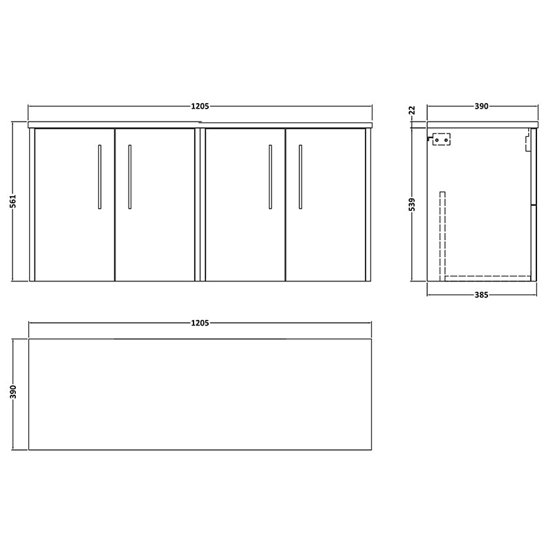 Hudson Reed Juno Wall Hung Four Door 1200mm Vanity & Laminate Worktop (1 size, 5 colours) - Brand New Bathrooms