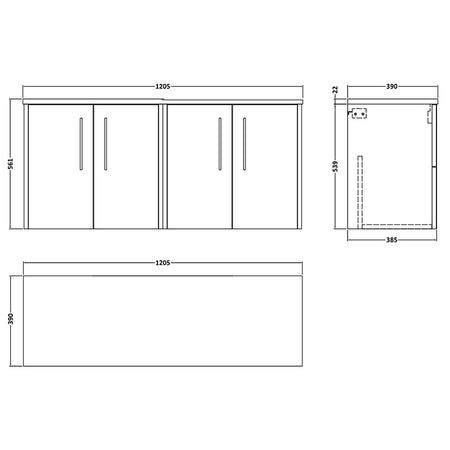 Hudson Reed Juno Wall Hung Four Door 1200mm Vanity & Laminate Worktop (1 size, 5 colours) - Brand New Bathrooms