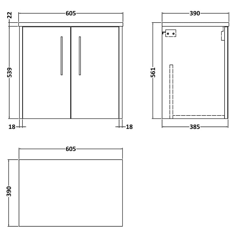 Hudson Reed Juno Wall Hung Double Door 600mm Vanity & Laminate Worktop (1 size, 5 colours) - Brand New Bathrooms