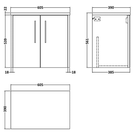 Hudson Reed Juno Wall Hung Double Door 600mm Vanity & Laminate Worktop (1 size, 5 colours) - Brand New Bathrooms