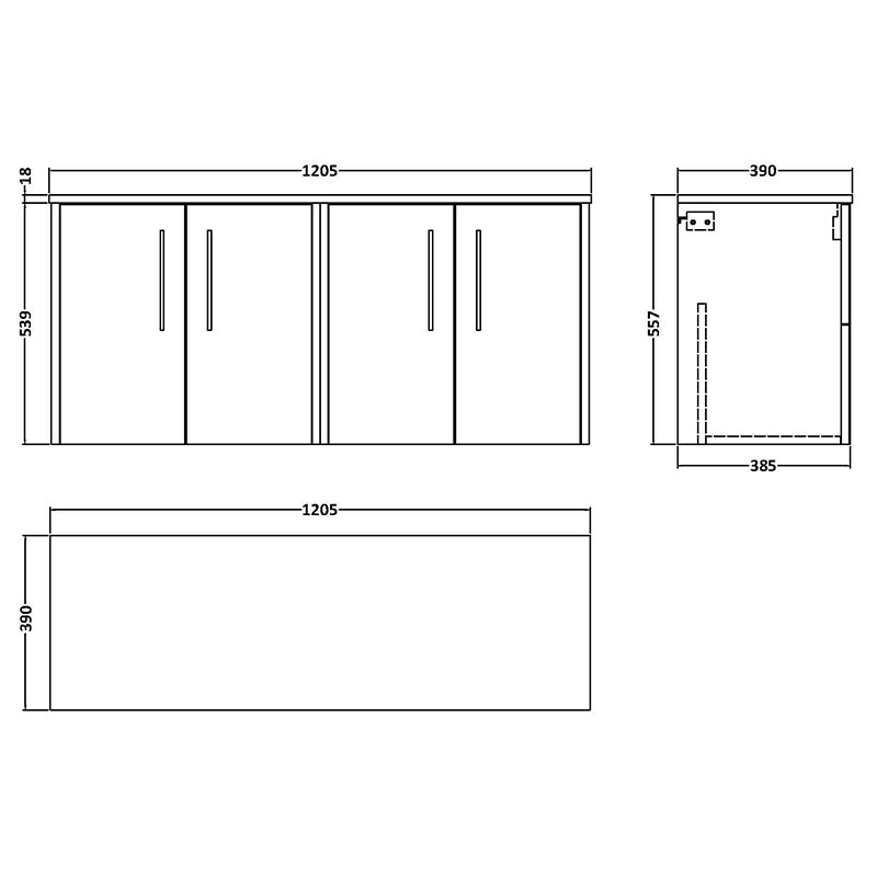 Hudson Reed Juno Wall Hung Four Door 1200mm Vanity & Matching Worktop (1 size, 5 colours) - Brand New Bathrooms