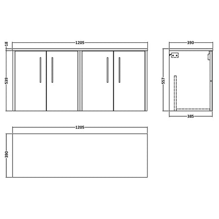 Hudson Reed Juno Wall Hung Four Door 1200mm Vanity & Matching Worktop (1 size, 5 colours) - Brand New Bathrooms