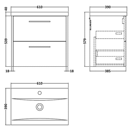 Hudson Reed Juno Wall Hung Double Drawer 600mm Vanity & Mid-Edge 1 Tap Hole Vitreous China Basin (1 size, 5 colours) - Brand New Bathrooms