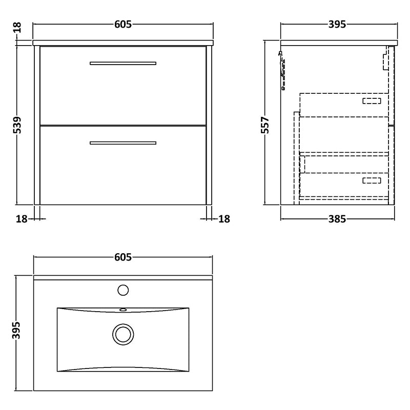 Hudson Reed Juno Wall Hung Double Drawer 600mm Vanity & Minimalist 1 Tap Hole Vitreous China Basin (1 size, 5 colours) - Brand New Bathrooms