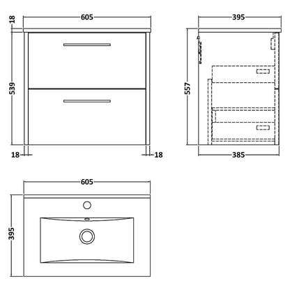 Hudson Reed Juno Wall Hung Double Drawer 600mm Vanity & Minimalist 1 Tap Hole Vitreous China Basin (1 size, 5 colours) - Brand New Bathrooms