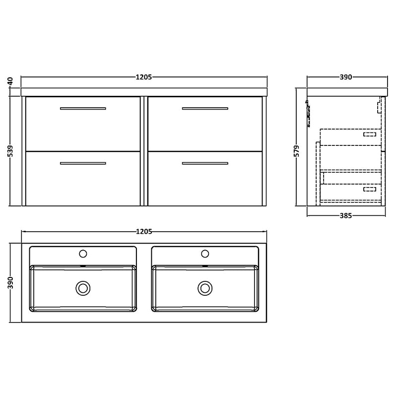 Hudson Reed Juno Wall Hung Four Drawer 1200mm Vanity & Double Polymarble Basin (1 size, 5 colours) - Brand New Bathrooms