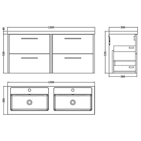 Hudson Reed Juno Wall Hung Four Drawer 1200mm Vanity & Double Polymarble Basin (1 size, 5 colours) - Brand New Bathrooms