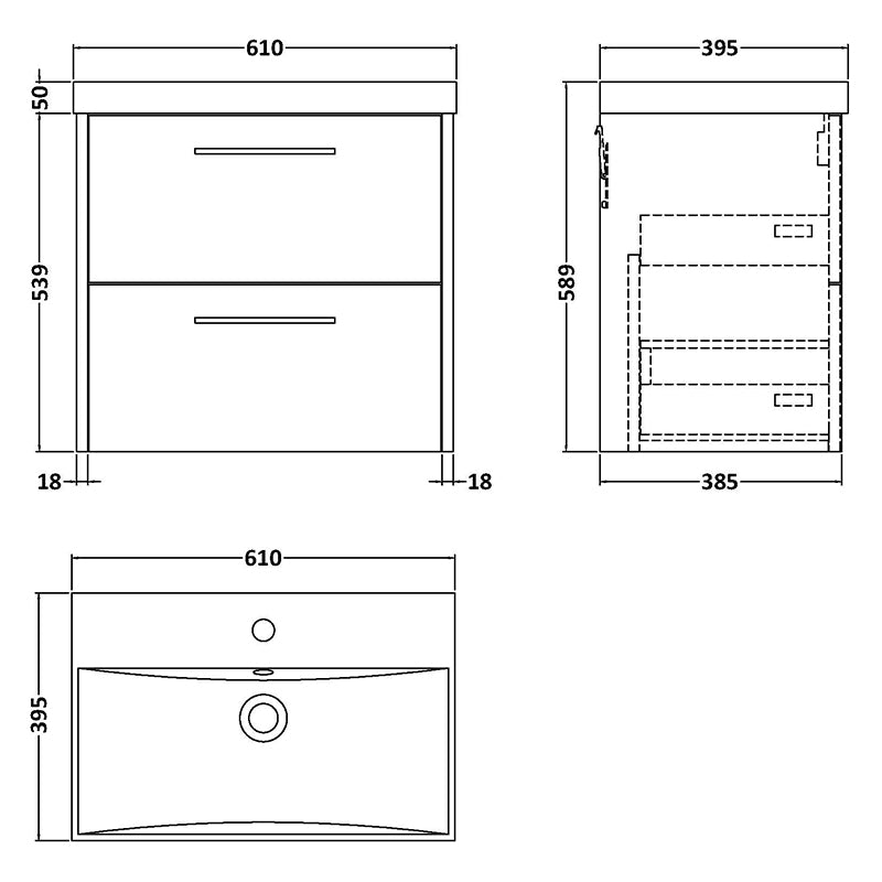 Hudson Reed Juno Wall Hung Double Drawer 600mm Vanity & Thin-Edge 1 Tap Hole Vitreous China Basin (1 size, 5 colours) - Brand New Bathrooms