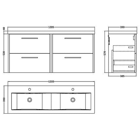 Hudson Reed Juno Wall Hung Four Drawer 1200mm Vanity & Double Vitreous China Basin (1 size, 5 colours) - Brand New Bathrooms
