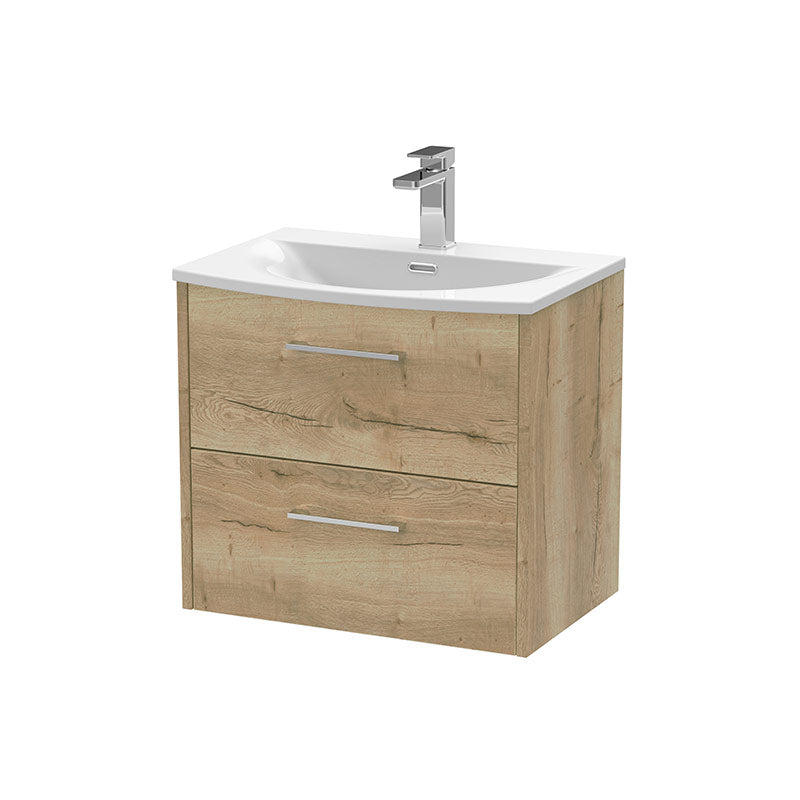 Hudson Reed Juno Wall Hung Double Drawer 600mm Vanity & Curved 1 Tap Hole Vitreous China Basin (1 size, 5 colours) - Brand New Bathrooms