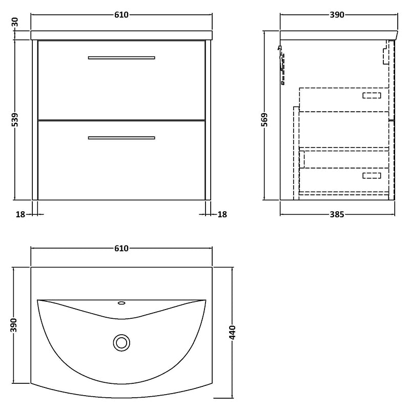 Hudson Reed Juno Wall Hung Double Drawer 600mm Vanity & Curved 1 Tap Hole Vitreous China Basin (1 size, 5 colours) - Brand New Bathrooms