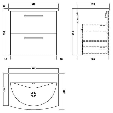 Hudson Reed Juno Wall Hung Double Drawer 600mm Vanity & Curved 1 Tap Hole Vitreous China Basin (1 size, 5 colours) - Brand New Bathrooms