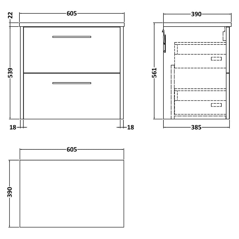 Hudson Reed Juno Wall Hung Double Drawer 600mm Vanity & Grey Laminate Top (1 size, 5 colours) - Brand New Bathrooms
