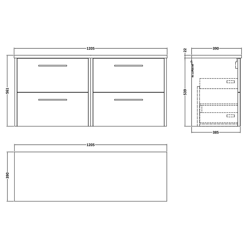 Hudson Reed Juno Wall Hung Four Drawer 1200mm Vanity & Laminate Worktop (1 size, 5 colours) - Brand New Bathrooms