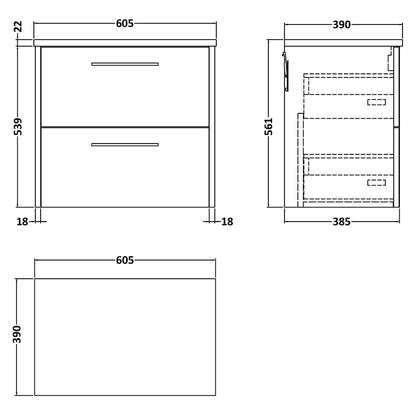 Hudson Reed Juno Wall Hung Double Drawer 600mm Vanity & Laminate Worktop (1 size, 5 colours) - Brand New Bathrooms