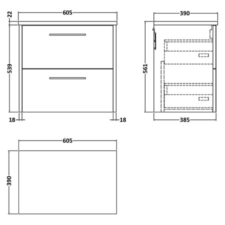 Hudson Reed Juno Wall Hung Double Drawer 600mm Vanity & White Laminate Top (1 size, 5 colours) - Brand New Bathrooms
