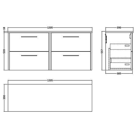 Hudson Reed Juno Wall Hung Four Drawer 1200mm Vanity & Matching Worktop (1 size, 5 colours) - Brand New Bathrooms