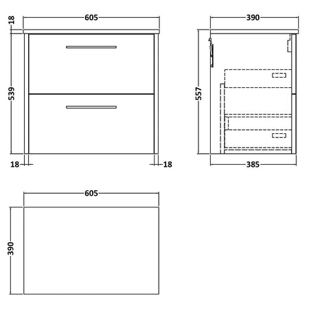 Hudson Reed Juno Wall Hung Double Drawer 600mm Vanity & Matching Worktop (1 size,5 colours) - Brand New Bathrooms
