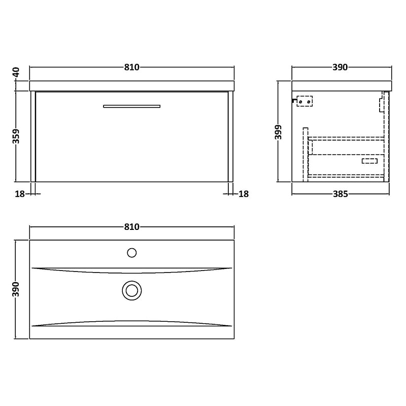 Hudson Reed Juno Wall Hung Single Drawer 800mm Vanity & Mid-Edge 1 Tap Hole Vitreous China Basin (1 size, 5 colours) - Brand New Bathrooms