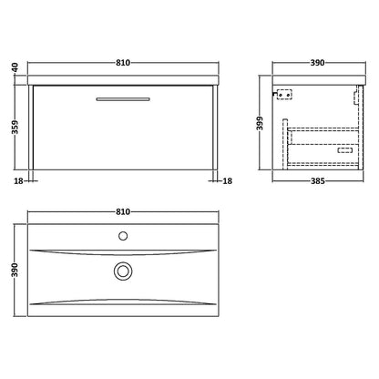 Hudson Reed Juno Wall Hung Single Drawer 800mm Vanity & Mid-Edge 1 Tap Hole Vitreous China Basin (1 size, 5 colours) - Brand New Bathrooms