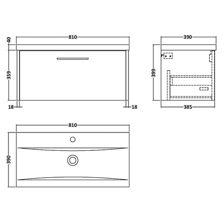 Hudson Reed Juno Wall Hung Single Drawer 800mm Vanity & Mid-Edge 1 Tap Hole Vitreous China Basin (1 size, 5 colours) - Brand New Bathrooms