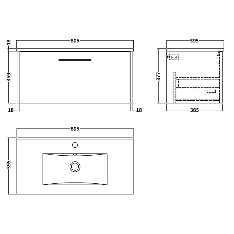 Hudson Reed Juno Wall Hung Single Drawer 800mm Vanity & Minimalist 1 Tap Hole Vitreous China Basin (1 size, 5 colours) - Brand New Bathrooms