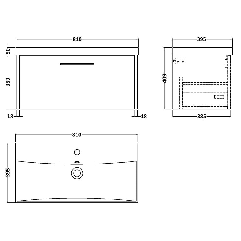 Hudson Reed Juno Wall Hung Single Drawer 800mm Vanity & Thin-Edge 1 Tap Hole Vitreous China Basin (1 size, 5 colours) - Brand New Bathrooms
