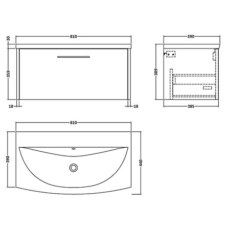 Hudson Reed Juno Wall Hung Single Drawer 800mm Vanity & Curved 1 Tap Hole Vitreous China Basin (1 size, 5 colours) - Brand New Bathrooms