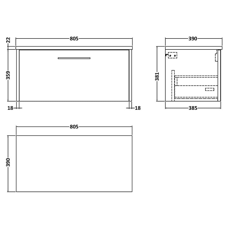 Hudson Reed Juno Wall Hung Single Drawer 800mm Vanity & Grey Laminate Top (1 size, 5 colours) - Brand New Bathrooms