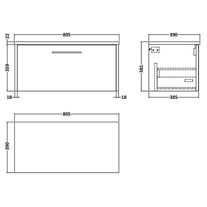 Hudson Reed Juno Wall Hung Single Drawer 800mm Vanity & Laminate Worktop (1 size, 5 colours) - Brand New Bathrooms