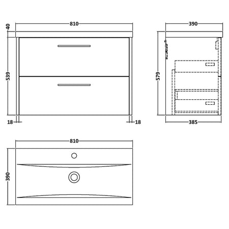 Hudson Reed Juno Wall Hung Double Drawer 800mm Vanity & Mid-Edge 1 Tap Hole Vitreous China Basin (1 size, 5 colours) - Brand New Bathrooms