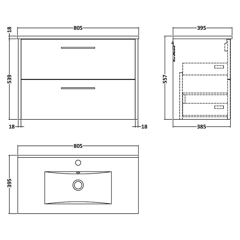 Hudson Reed Juno Wall Hung Double Drawer 800mm Vanity & Minimalist 1 Tap Hole Vitreous China Basin (1 size, 5 colours) - Brand New Bathrooms