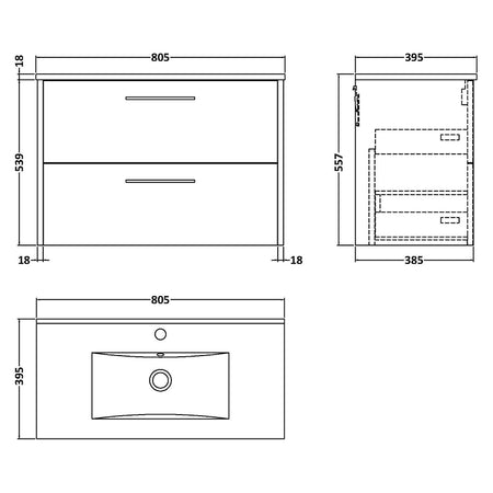 Hudson Reed Juno Wall Hung Double Drawer 800mm Vanity & Minimalist 1 Tap Hole Vitreous China Basin (1 size, 5 colours) - Brand New Bathrooms