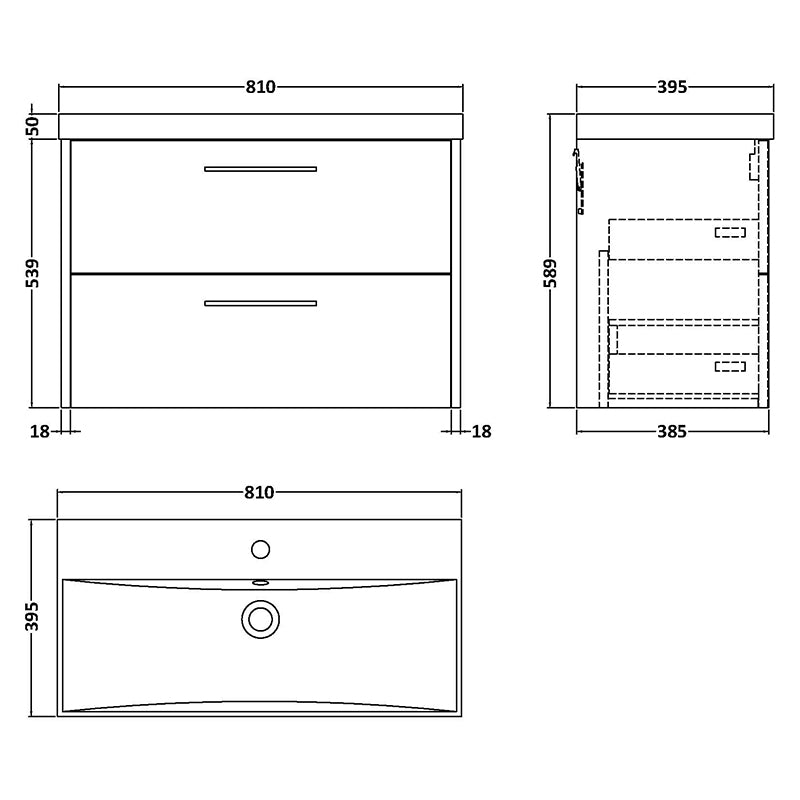 Hudson Reed Juno Wall Hung Double Drawer 800mm Vanity & Thin-Edge 1 Tap Hole Vitreous China Basin (1 size, 5 colours) - Brand New Bathrooms