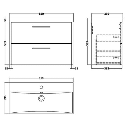 Hudson Reed Juno Wall Hung Double Drawer 800mm Vanity & Thin-Edge 1 Tap Hole Vitreous China Basin (1 size, 5 colours) - Brand New Bathrooms