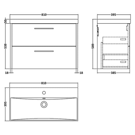 Hudson Reed Juno Wall Hung Double Drawer 800mm Vanity & Thin-Edge 1 Tap Hole Vitreous China Basin (1 size, 5 colours) - Brand New Bathrooms