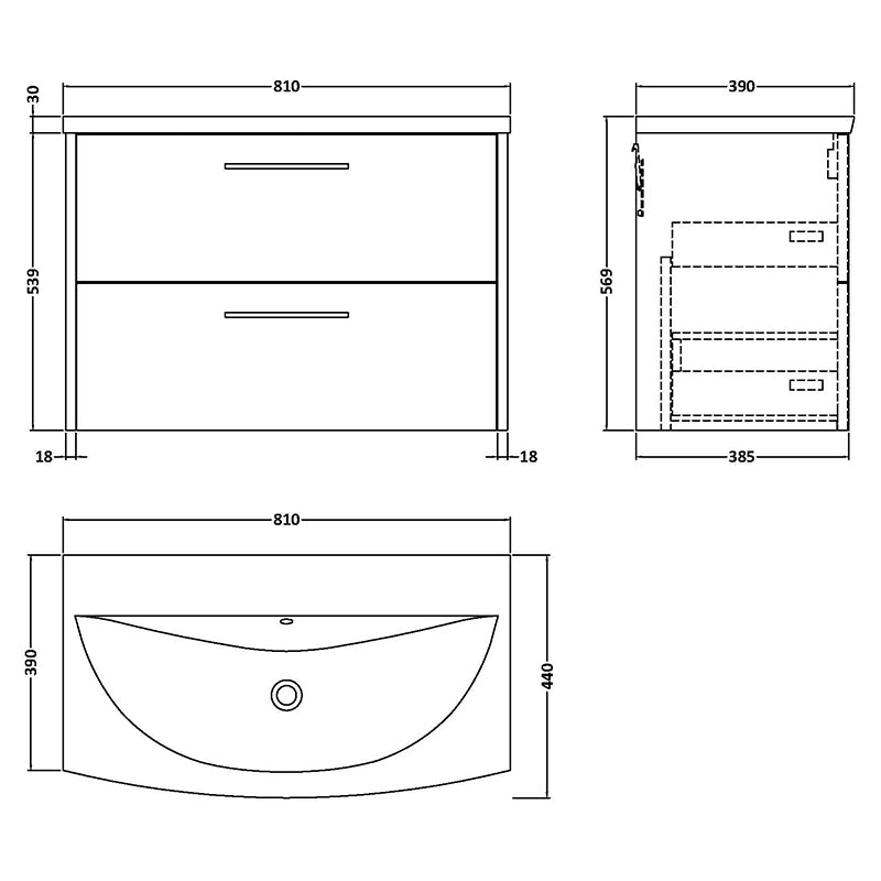 Hudson Reed Juno Wall Hung Double Drawer 800mm Vanity & Curved 1 Tap Hole Vitreous China Basin (1 size, 5 colours) - Brand New Bathrooms