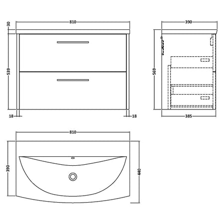 Hudson Reed Juno Wall Hung Double Drawer 800mm Vanity & Curved 1 Tap Hole Vitreous China Basin (1 size, 5 colours) - Brand New Bathrooms