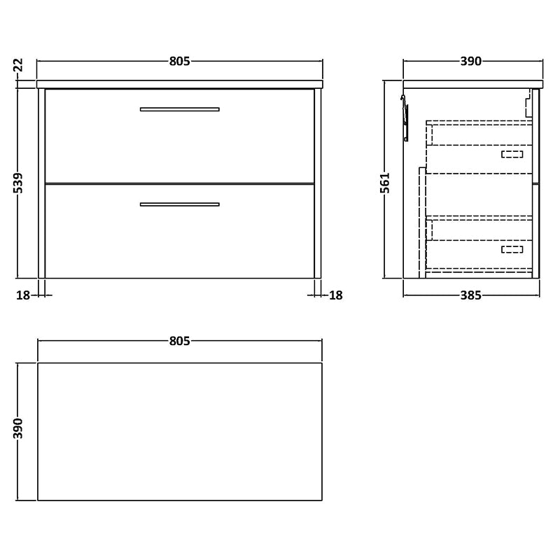 Hudson Reed Juno Wall Hung Double Drawer 800mm Vanity & Laminate Worktop (1 size, 5 colours) - Brand New Bathrooms
